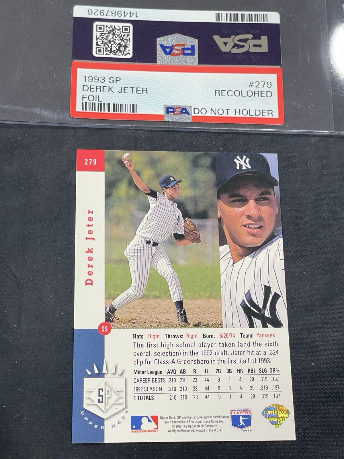 Derek JETER 1993 Upper Deck SP Rookie Card #279 PSA Graded RECOLORED - ALTERED view 2