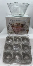 Anchor Hocking Savannah Clear Glass Punch Bowl w/8 Cups & Ladle & Clips, Boxed