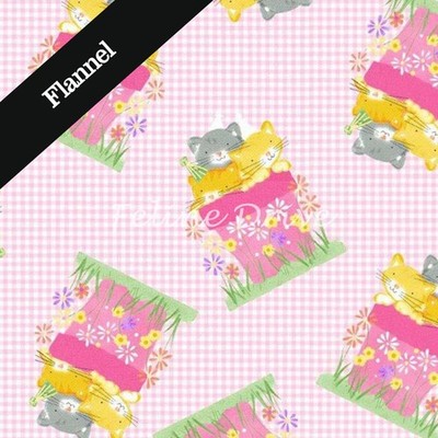 Feline Drive Fabric FLANNEL Cats in Flower Pots Pink - Sold by the Yard