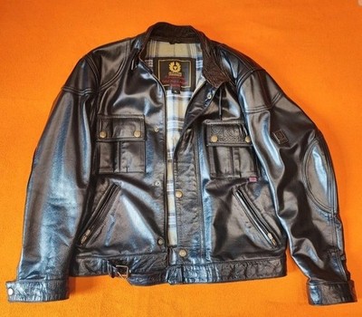 Belstaff Motorradjacke Herren Leder schwarz XL kariert gefüttert Reißverschluss mit Taschen