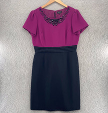 Tahari Dress Womens 14 Purple Colorblock Sheath Short Puff Sleeve Jeweled Neck