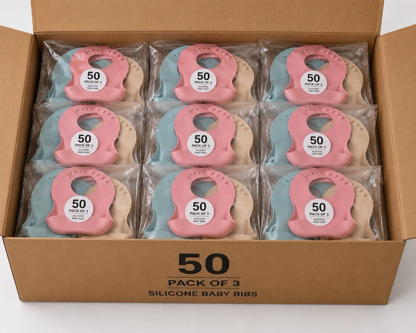 Wholesale 50 Pack Of 3 Silicone Baby Bibs Waterproof Adjustable Feeding Bib Set
Opens in a new windo