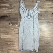 GUESS Light Wash Denim Bodycon Mini Dress Sz S Front Zip Slit Y2K Acid Wash