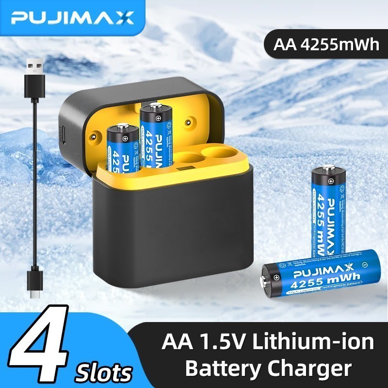 4-Pack AA 4255mWh Li-ion Rechargeable Batteries PUJIMAX USB-Type-C Smart Charger