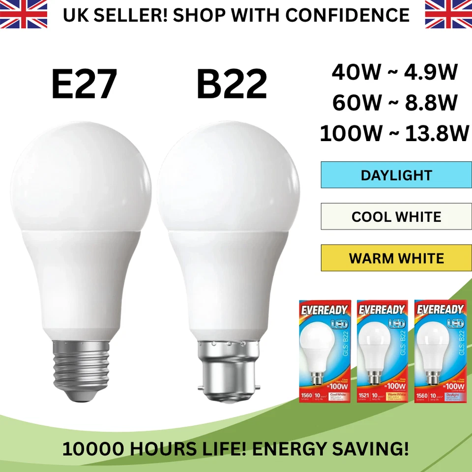 EVEREADY GLS B22 E27 40W 60W 100W Bright Light Bulb Daylight Cool White WarmWhite Bayonet