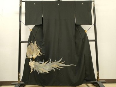 Japanischer Kimono Schwarz Tomesode Voll Bestickt Pfau Gold Silber Reine Seide