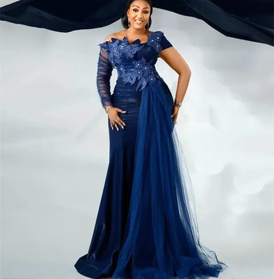 Navy Blue Mermaid Mother Of Bride Dresses Crystals Lace Evening Prom Party Gowns