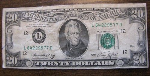 1974 $20 DOLLAR L SERIES BILL PRINT ERROR MISALIGNED & FANCY S/N L 64229577 D