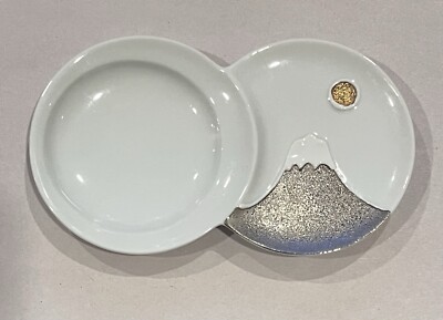 Hasamiyaki Mt. Fuji Ceramic Silver Dipping Sauce Bean Dish Plate Japan
