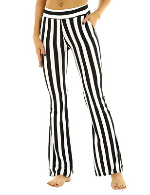 Womens High Waist Black&White Vertical Striped Stretch Bell