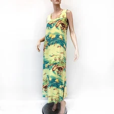 Citron Santa Monica Vintage Rayon Sleeveless Oriental Sea Scene Dress Medium