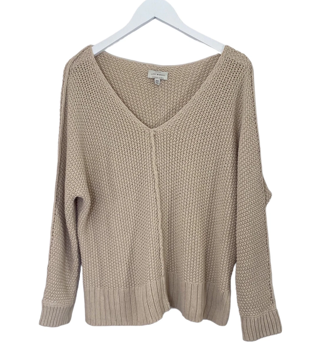 Lucky Brand V-Neck Beige Chunky Knit Sweater Women's Size M