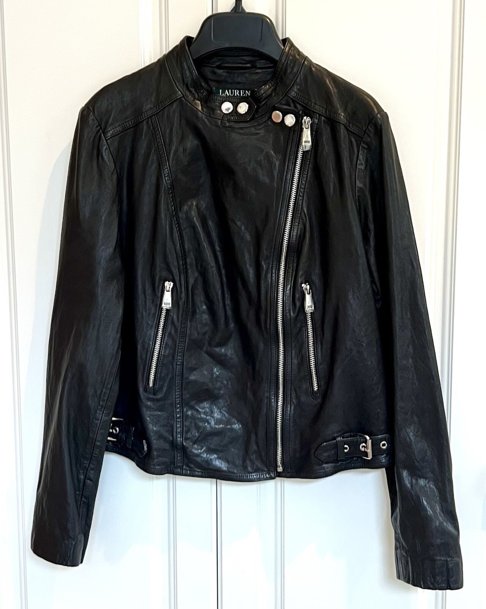 NWT Ralph Lauren 12 Petite black lamb leather motorcycle