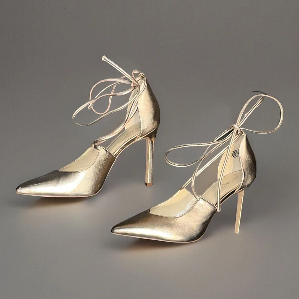Zapatos de salón Nine West 12M dorados Glam D'Orsay tacón de aguja 10UK 44EU tiras gladiador Foto 2 de 4