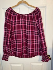NWT Counterparts Size M Burgandy Plaid Flannel Boho Smocked Sleeve Blouse Top
