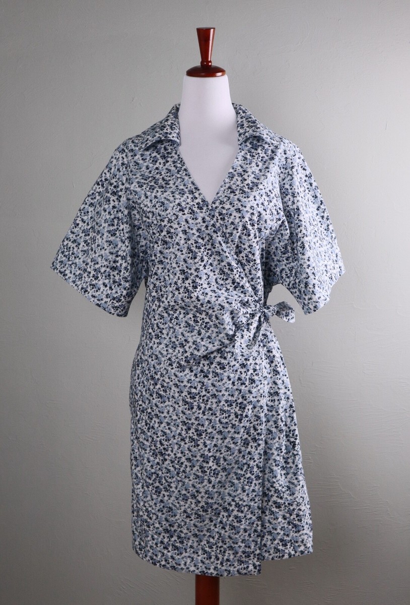 GANNI $298 Floral True Wrap 100% Cotton Collared Shirt Dress Size 44