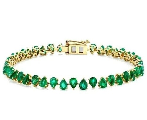 7CT Pear Cut Natural Emerald In 14K Yellow Gold Women's Tennis Bracelet For Gift - Picture 3 of 14