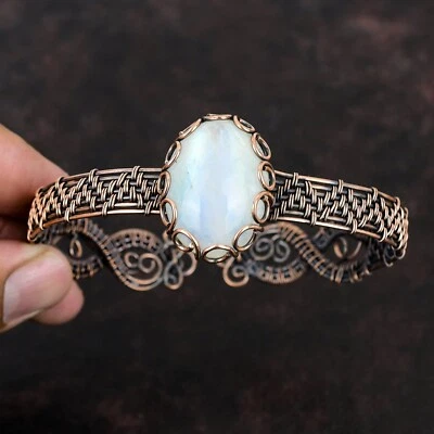 Rainbow Moonstone Wire Wrapped Adjustable Bangle Handcrafted Copper Gift - Image 1 of 4