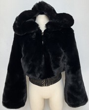 I Am Gia Teddy Faux Fur Cropped Hooded Zip Black 717 Jacket Coat Size Small