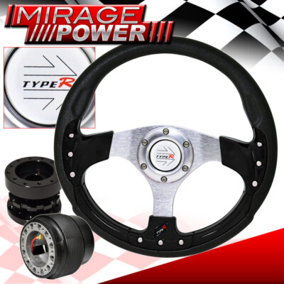 Black Hub Extender For 89-05 Eclipse + 320mm Black Fusion Style Steering Wheel