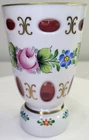 Bohemian Czech Cased Milk Cut to Pink Glass Vase Painted Flowers 5 in Vintage