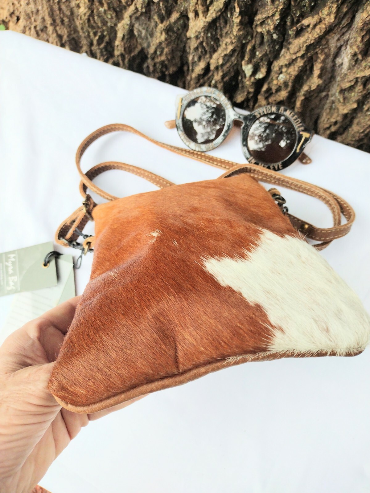 BORSA MYRA NUOVA CON ETICHETTE PONY HAIR PELLE INVECCHIATA BORSA A TRACOLLA LOOK!