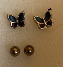 little girls post earrings 4 pairs, gold tone round, hearts, purple, butterflies