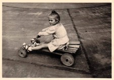 Antique Photo Girl Portrait Homemade Wooden Bogie Go Kart 2.75"x3.75"