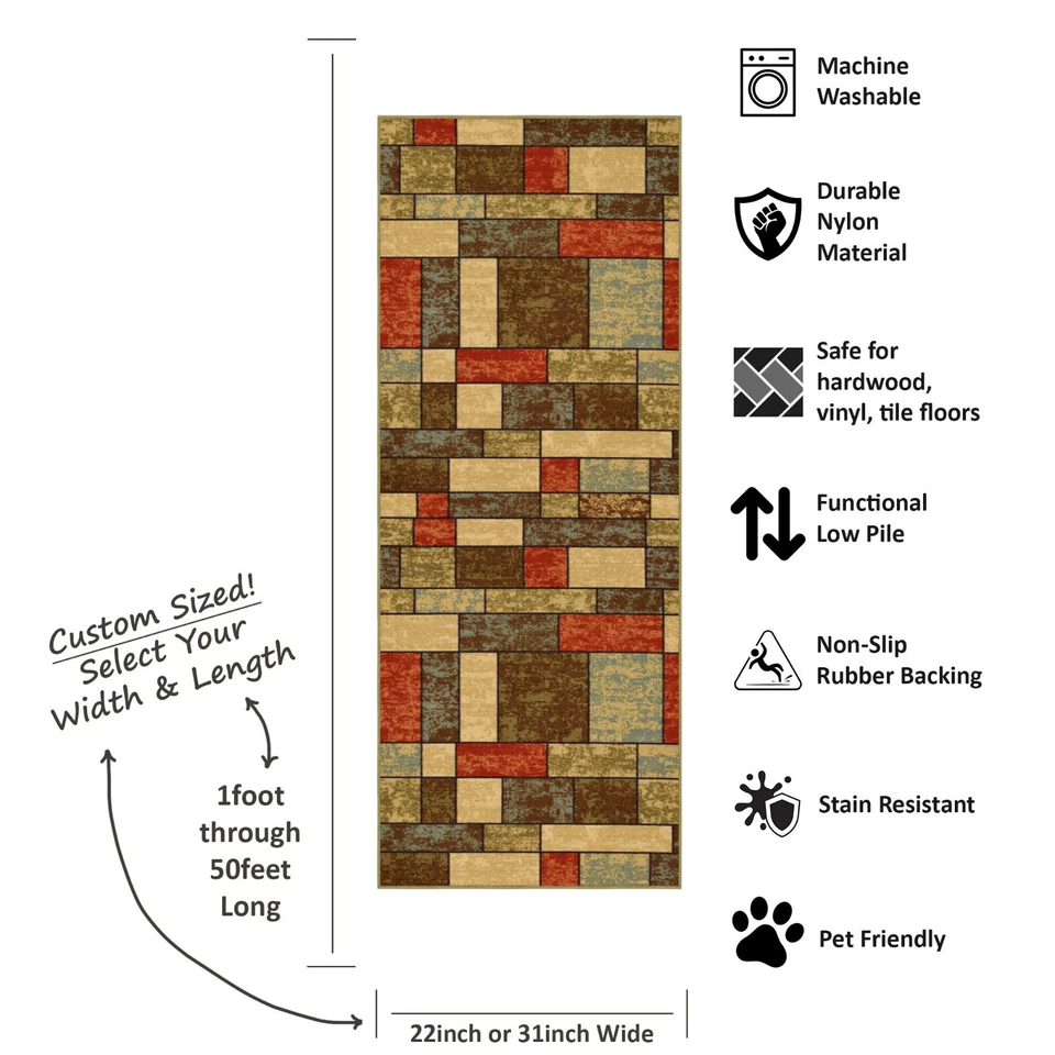 Custom Size Stair Hallway Runner Rug Non Slip Rubber Back Multicolor Tiles 3D - Image 4 of 4