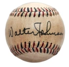 Walter Johnson Autographed 1930s Baseball. Replica Licensed By Johnson Estate