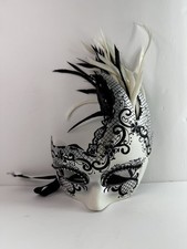 Vintage Hand Painted Italian Venetian Mask Black White Feather Mardi Gras