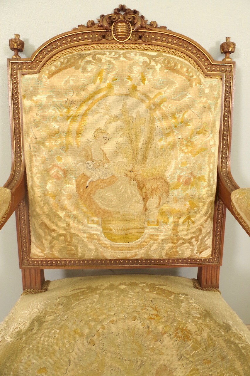 Four Louis XVI style armchairs upholstered in petit point tapestry thumbnail 11