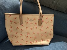 Coach City Zip Tote Canvas Leather W Red Yellow Pink Cherry Print Shoulder Bag