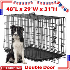 FDW 48in Dog Crate Large Folding Metal Wire Cage Double Door Divider Tray Black