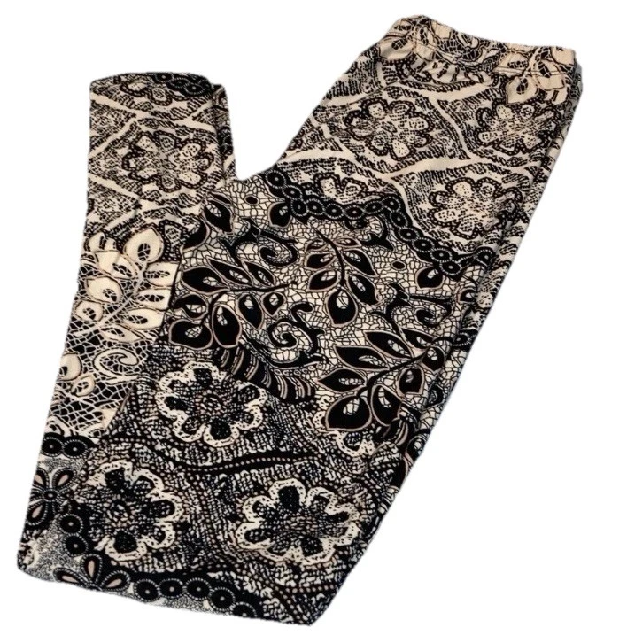 Leggings Nuevos Paisley Negro Crema Bronceado Mujeres Suave Elástico Calce Talla Única Cintura 24” Foto 2 de 4