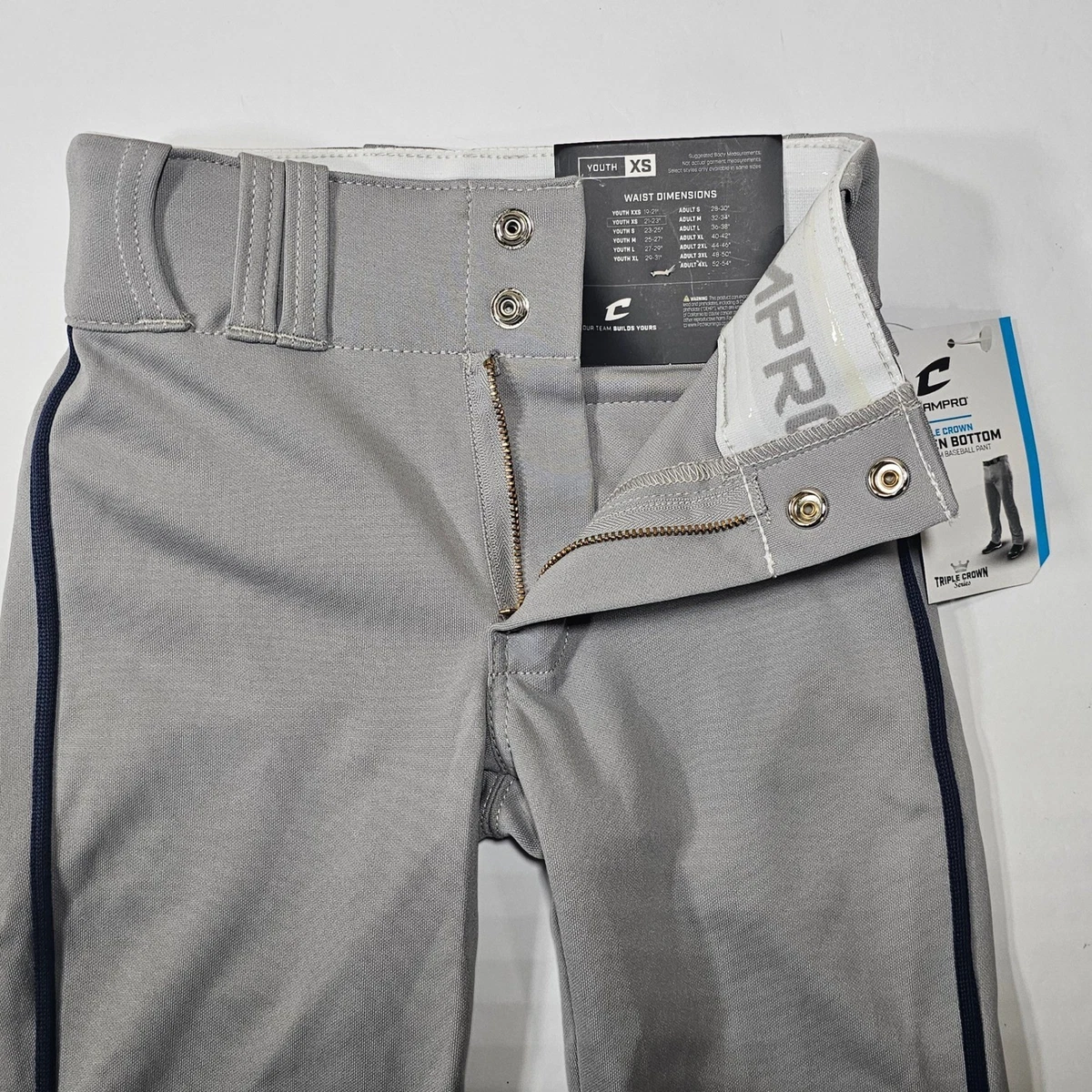 Champro Youth XS Triple Crown Baseball Pants Grey Navy Blue Side Braid NWT