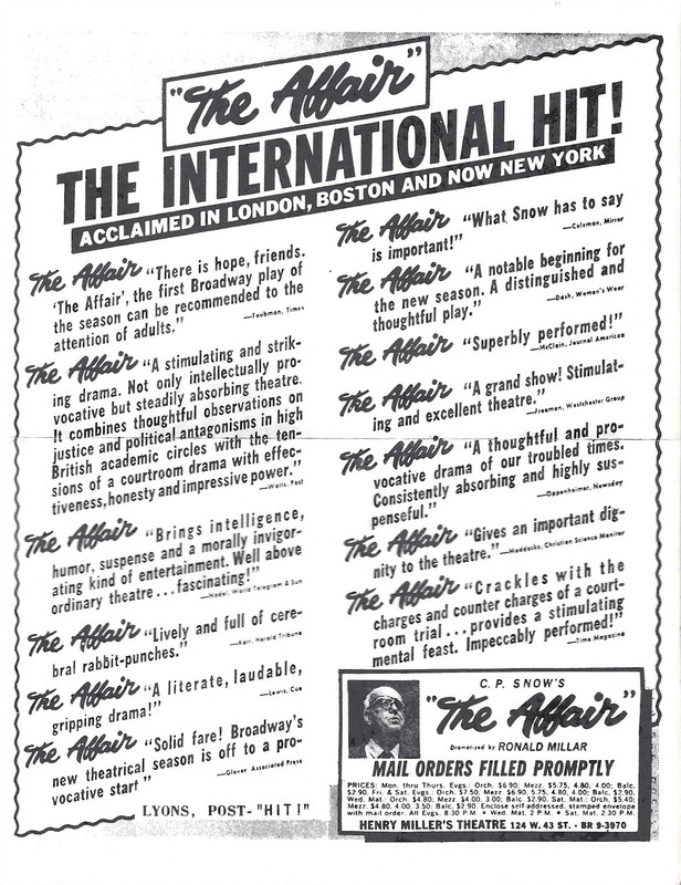 The Affair Herald Flyer Ad, Brenda Vaccaro, Donald Moffat, C. Hewett, NYC, 1962