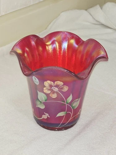 Fenton Glass 100th Anniversary Founders Iridescent Ruby Stretch Flip Vase Signed