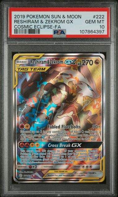 Pokemon Reshiram & Zekrom GX Cosmic Eclipse Full Art #222 PSA 10