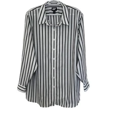 Lands End Womens No Iron Cotton Button Up Top Size 20W White Back Striped Office