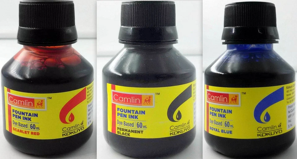 Camel Stylo Plume Encre NOIR BLEU ROUGE Bouteilles 60 ml 2 oz Camlin Scellé... - Photo 1/1