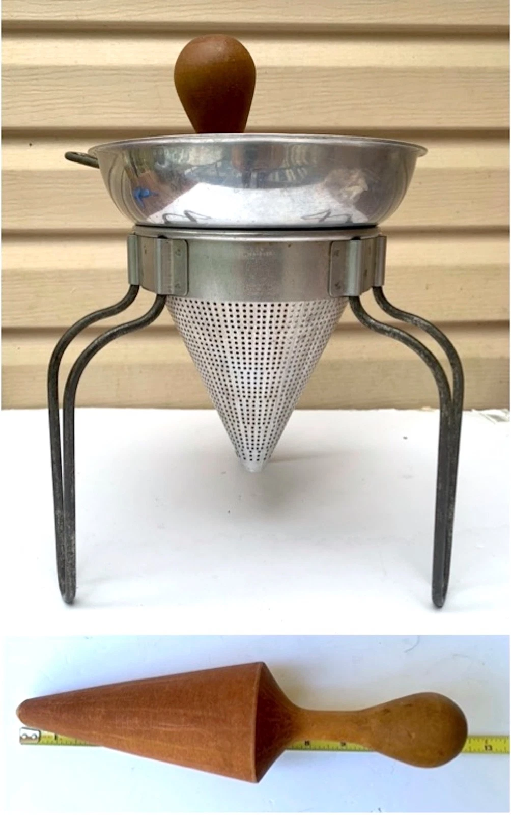 Vtg Aluminum ROTARY Canning COLANDER Wood PESTLE Sieve Strainer Wearever # 8