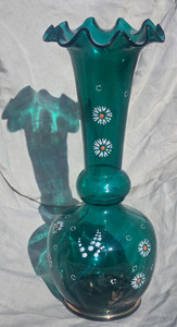 Old Czech Bohemian Hand Blown Hand Enameled Emerald Green Art Glass Vase Moser