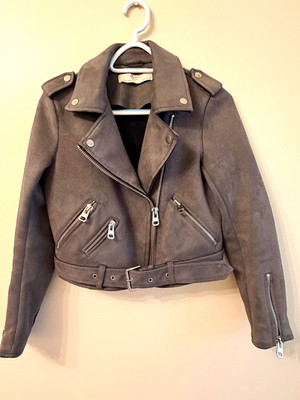 Zara Basic Outerwear Gray Biker Moto Jacket Belted Zip Buckle Womens Size S