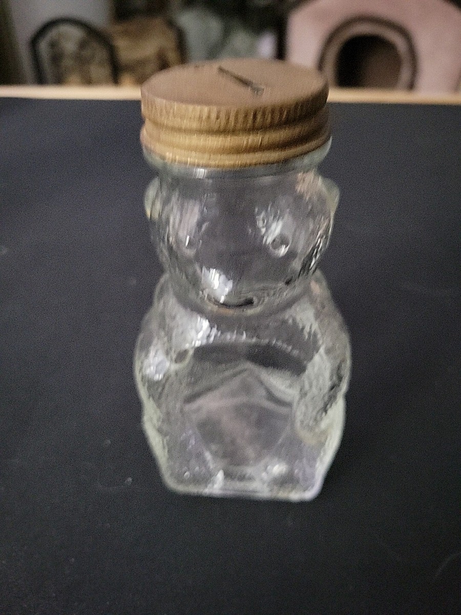 Vintage 50’s Clear Glass Honey Bear Jar Piggy Coin Bank tall