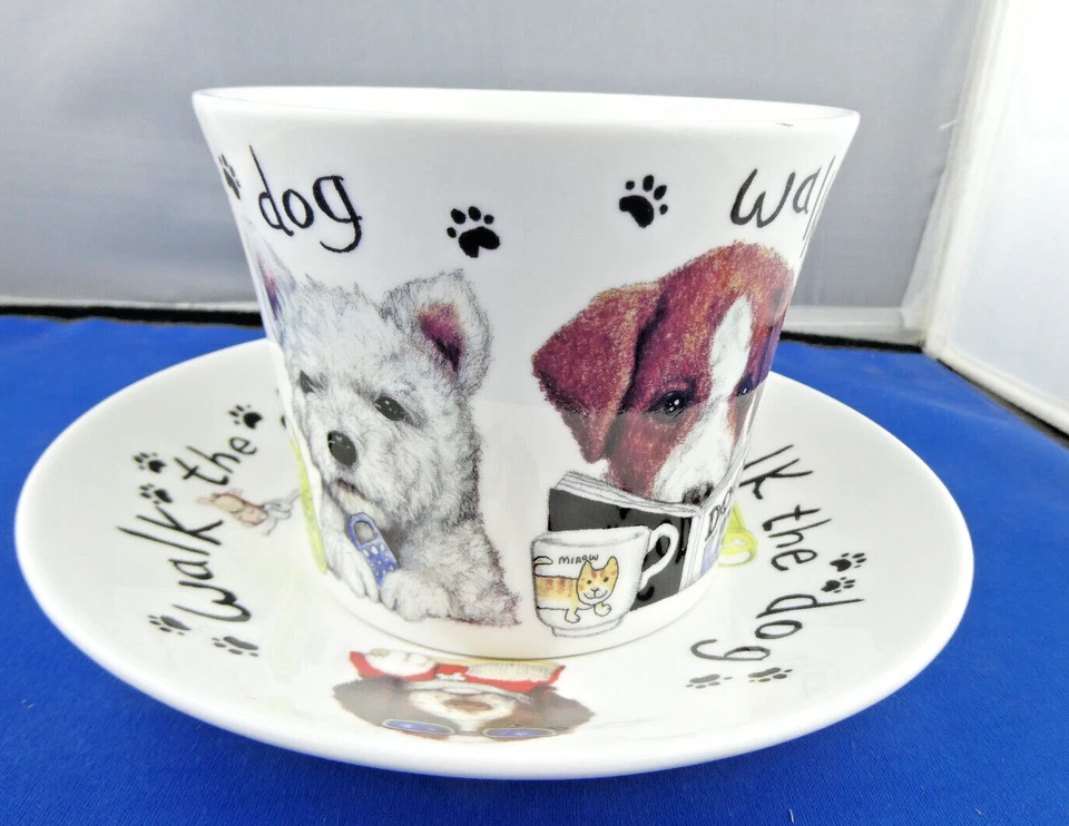 PLATILLO TAZA DESAYUNO PASEO PERRO, porcelana de hueso fino, hecho en Inglaterra por ROY KIRKHAM Foto 3 de 4