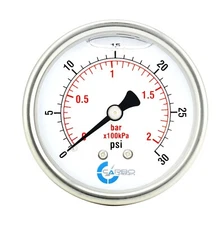 2"  Pressure Gauge, Stainless Steel Case, Liquid Filled, Back Mnt, 30 Psi