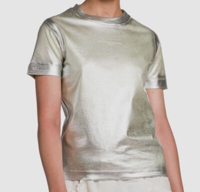 $625 Stella McCartney Women's Silver Foil Crewneck T-Shirt $625 Stella McCartney Women's Silver Foil Crewneck T-Shirt