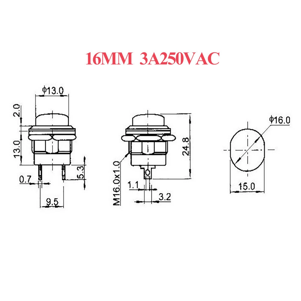 10 PCS 16mm Push Button Switch Non-Lock Momentary Open Round 2 Pins Metal↔ - Image 4 of 4