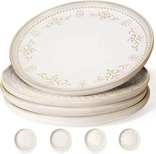Large Ceramic Dinner Plates Set Of 4, 10.75 Inch Embossed Kitchen Salad Plates
